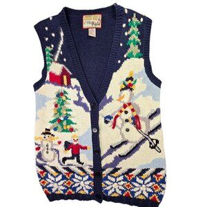 Vintage Crystal Kobe Sweater Vest Womens Medium Navy Ugly Christmas Snowman 90s